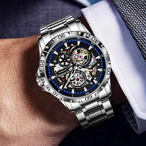 Vista 2 de Relojes automáticos para hombre, cuerda automática mecánica, esfera de esqueleto, resistente al agua a 30 ATM, con correa de acero inoxidable, reloj