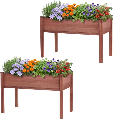 Vista 15 de Cama de jardín elevada con patas, 31 x 16 x 31 pulgadas, jardinera elevada de madera para exteriores, patas gruesas, con forro Marrón