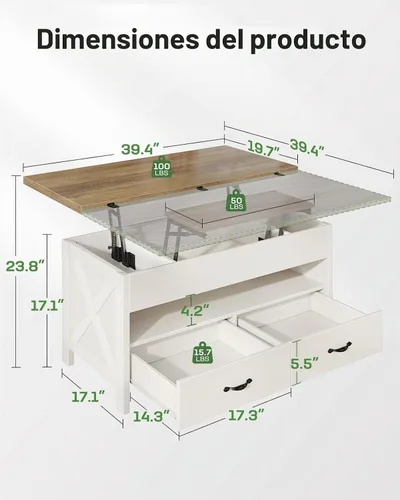 Vista 3 de Marsail Mesa de Centro Elevable de 40", Mesa de Centro 4 en 1 con Compartimento Oculto, 1 Estante Abierto y 2 Cajones, Mesa Central Multifuncional