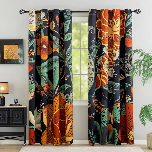 Vista 10 de Tyrot - Cortinas bohemias florales 100% opacas para dormitorio de 63 pulgadas de largo, 2 paneles. Cortinas botánicas de mediados de siglo