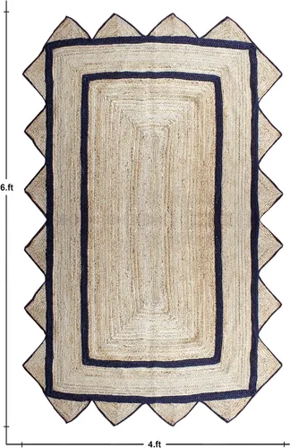 Vista 3 de Alfombra de borde festoneado, alfombra tejida a mano de yute natural, 2 x 3 pies, color beige y negro, alfombra de sisal trenzada Kilim para sala