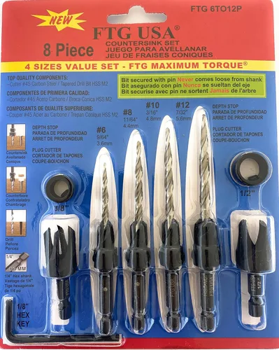 Vista 30 de FTG USA Juego de 3 brocas avellanadoras ajustables para madera #4 (7/64 pulgadas) con broca cónica para carpintería