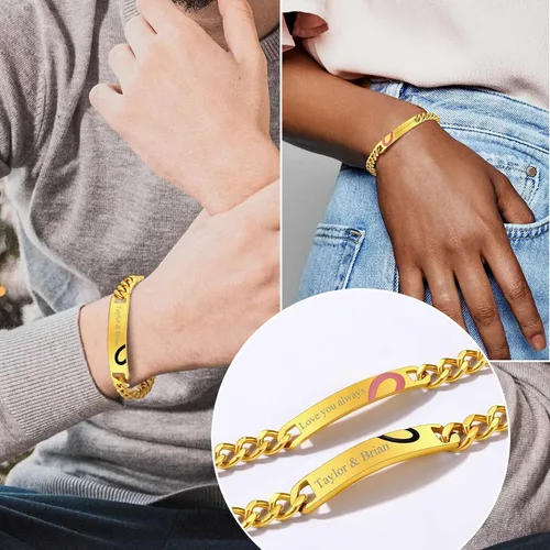 Vista 2 de FindChic Pulseras de identificación con barra de nombre personalizadas para hombres y mujeres, chapados en oro de 18 quilates, acero inoxidable