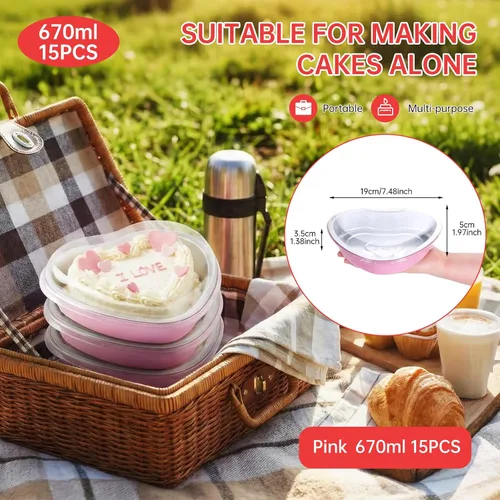 Vista 2 de Juego de 15 moldes para pasteles en forma de corazón con tapas, mini recipientes desechables de papel de aluminio para cupcakes de 22.7 onzas