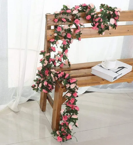 Vista 7 de Flores de rosas falsas, paquete de 2 flores artificiales de 8.2 pies, guirnalda de flores colgantes para habitación, hogar, hotel, oficina, boda
