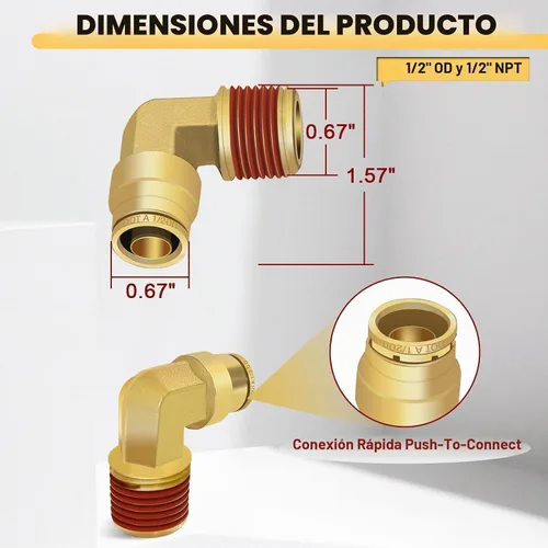 Vista 5 de Siptenk 1/2" Codo DOT de Latón Empuje para Conectar Accesorios de Línea de Aire 5 PIEZAS, Tubo de 1/2" OD x Rosca NPT de 1/2" Accesorios de Conexión
