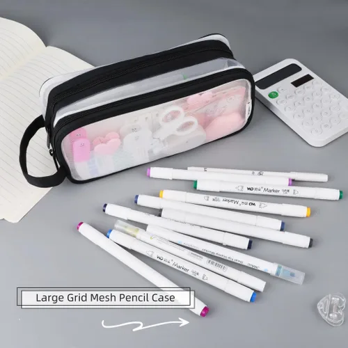 Vista 3 de Oyachic Estuche para lápices de 2 compartimentos de malla transparente para bolígrafos, bolsa de cosméticos para maquillaje, bolsa de cosméticos