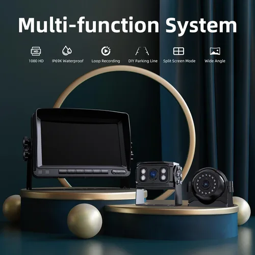 Vista 7 de eRapta Kit de sistema de cámara de respaldo HD 1080p, monitor de marcha atrás de 7 pulgadas con grabación dividida cuádruple IP69 impermeable