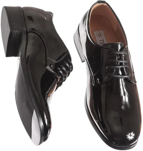 Vista 2 de Zapatos de esmoquin negros brillantes para niños, estilo de punta redonda en tallas de bebés a niños
