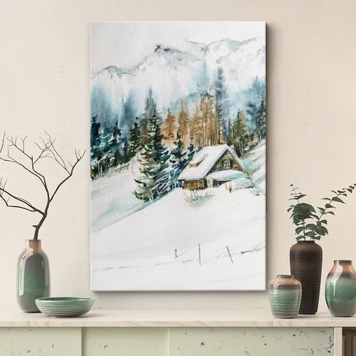 Vista 3 de SIGNWIN Lienzo impreso para pared, diseño de bosque y guardería, cabaña de troncos, invierno, nieve, montaña, bosque, ilustraciones de naturaleza
