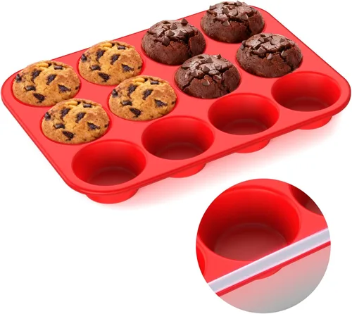 Vista 9 de Molde de silicona para muffins para hornear: Molde para muffins de 12 cavidades con marco reforzado de metal, moldes de tamaño regular para cupcakes