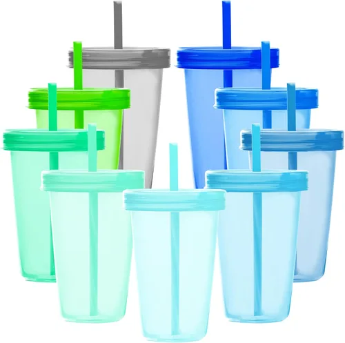 Vista 5 de Youngever 9 juegos de vasos de plástico de 16 onzas con tapas y pajitas, vasos de plástico reutilizables con pajitas (colores arcoíris)