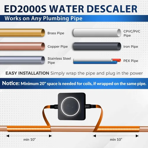 Vista 8 de iSpring ED2000S - Desincrustante para toda la casa, acondicionador de agua dura electrónico alternativo sin sal, diseño de luz LED de respiración