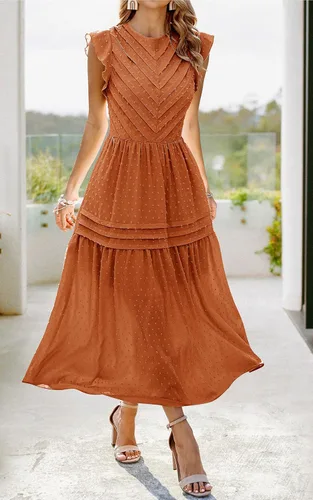 Vista 3 de Angashion Vestido largo de verano para mujer, casual, cuello redondo, manga casquillo, lunares suizos, plisado, liso, largo, vestido skater