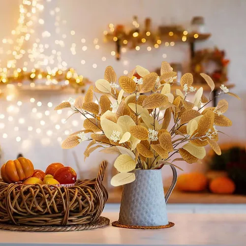 Vista 3 de Emivery Tallos de hojas de eucalipto de otoño, 6 tallos artificiales de follaje de otoño, ramas de eucalipto sintético naranja, decoraciones