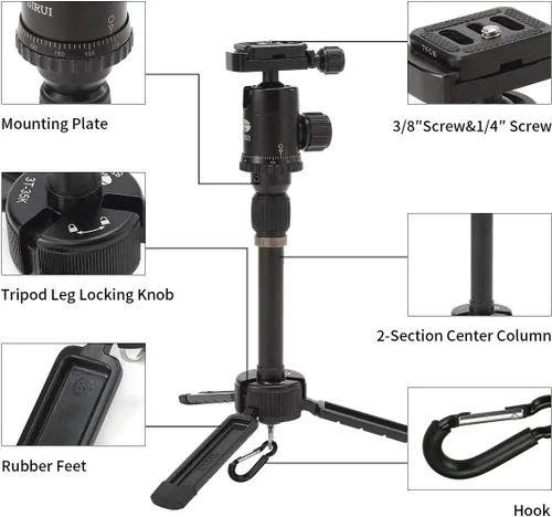 Vista 2 de SIRUI Mini trípode de escritorio de 13.5 pulgadas con cabeza de bola de 360°, trípode de aluminio portátil para cámara DSLR, videocámara, carga