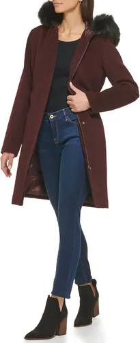 Vista 4 de Cole Haan Abrigo con capucha para mujer de lana con ribete de piel sintética desmontable