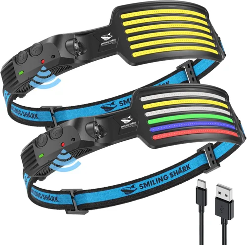 Vista 9 de Smiling Shark Linterna frontal recargable, paquete de 2 unidades, ángulo amplio, 6 luces blancas, la lámpara de cabeza LED más brillante con sensor