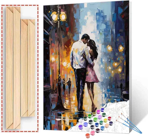 Vista 13 de Kits de pintura romántica por números para parejas con pinceles y pigmento acrílico sobre lienzo para adultos, niños y niñas bajo un paraguas