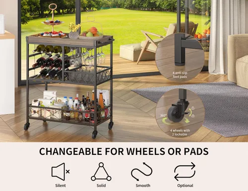 Vista 5 de Gizoon Carrito de barra rodante, un carrito de bebidas versátil con una bandeja extraíble, estante para vino para 12 botellas y soporte para vasos