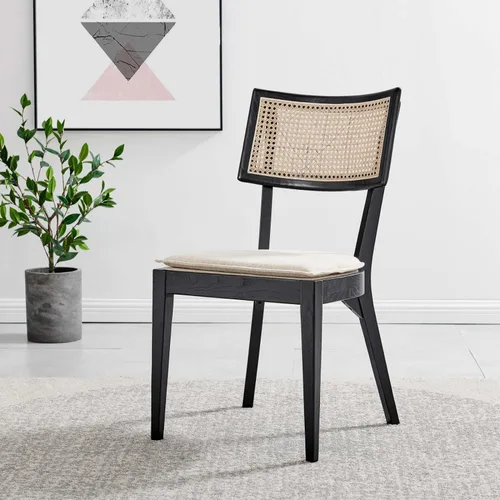 Vista 2 de Modway Caledonia - Silla auxiliar de comedor de madera con respaldo tejido de 19 pulgadas, color negro/beige