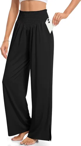 Vista 3 de UEU Pantalones holgados casuales de pierna ancha para mujer, pantalones deportivos de yoga de cintura alta, pantalones palazzo con abertura lateral