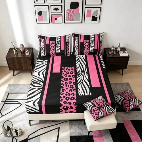 Vista 27 de Sábana bajera ajustable con estampado de leopardo, tamaño individual, juego de ropa de cama rústica con rayas de piel de cebra, decoración