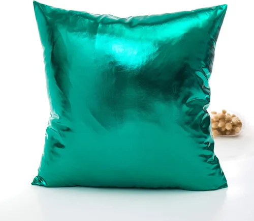 Vista 2 de Juego de 2 fundas de cojín decorativas modernas metálicas y brillantes, fundas de almohada cuadradas suaves de piel sintética para sofá, cama, Verde