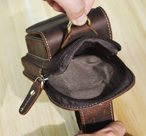 Vista 4 de Le'aokuu Bolso unisex de cuero genuino para hombres y mujeres, con cintura de riñonera y gancho para colgar en la cadera, paquete de 1609, Un marrón
