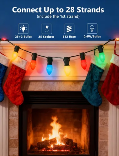 Vista 3 de Tira de luces LED de Navidad para exteriores, de 50 pies, cadena de luces C7 con 27 bombillas multicolor de cerámica de 0.6 W, luces de Navidad