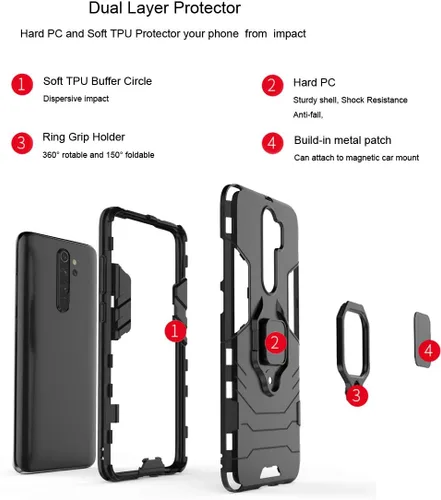Vista 3 de Funda para Xiaomi Redmi Note 8 Pro con protector de pantalla de vidrio templado híbrido resistente Armadura protectora con soporte de anillo de 360