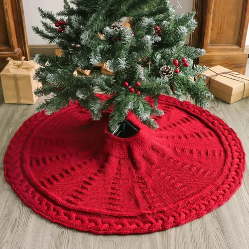 Vista 5 de Falda de árbol de Navidad de 36 pulgadas: falda de árbol de 6 pies, falda de árbol pequeño de punto trenzado color rojo vino, faldas de árbol