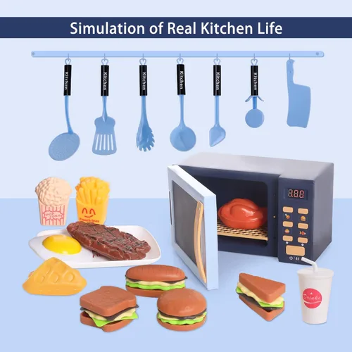 Vista 4 de Cuterabit - Juguetes de microondas para niños con luz y sonido, electrodomésticos de cocina realistas, accesorios de cocina de juego y comida