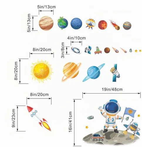 Vista 3 de Calcomanías de Pared de Astronauta del Espacio Exterior - Calcomanías de Pared de Cohete de Planetas para Niños - Decoración de Pared