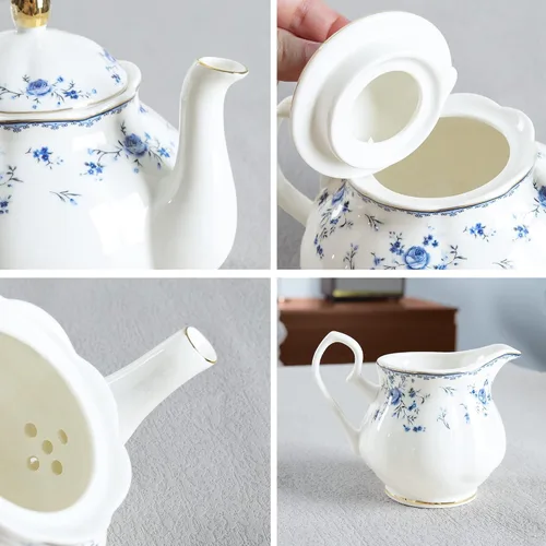 Vista 2 de fanquare Juego de té de porcelana de rosa azul, tetera floral británica con tazas de té, juego de fiesta de té para mujer para 6