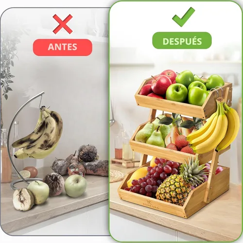 Vista 3 de KOMFORA Cesta de frutas de bambú de 3 niveles – Cesta de productos premium para cocina con 2 ganchos – Soporte duradero y fácil de montar