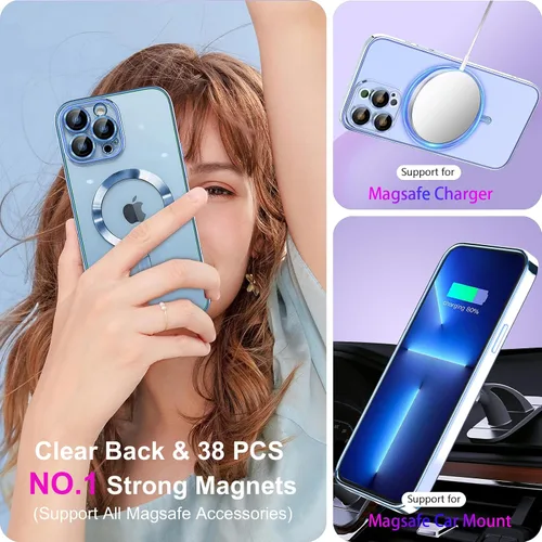 Vista 4 de Magsafe - Funda para iPhone 13 Pro, funda magnética transparente para teléfono con protector de pantalla y cubierta de cámara, funda galvanizada Azul