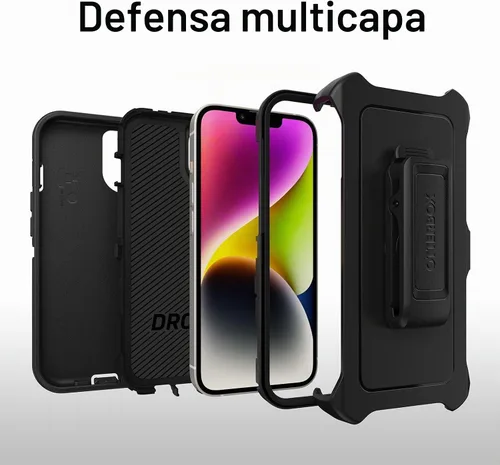 Vista 3 de OtterBox Funda para iPhone 14 y iPhone 13 Defender Series - Negro, resistente y duradera, con protección de puerto, incluye soporte de clip