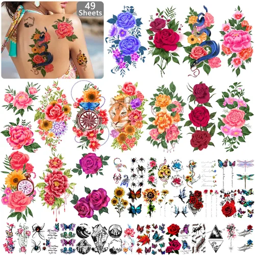 Vista 13 de 36 hojas de tatuajes temporales para hombres, mujeres y adultos, 12 hojas de gran tamaño, 3D, media manga, tatuajes falsos negros, tatuajes
