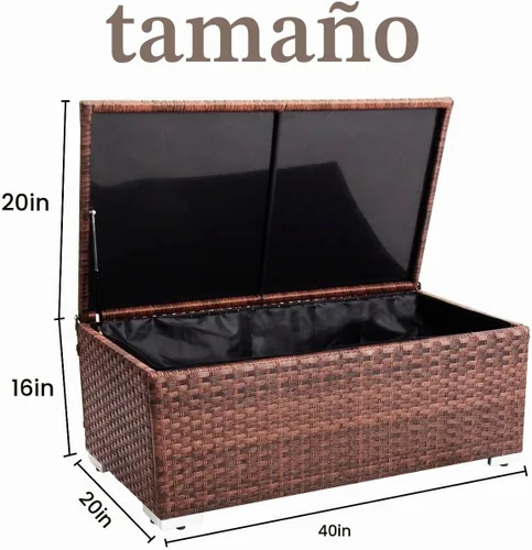 Vista 2 de DIMAR GARDEN Mesa de almacenamiento al aire libre de 42 galones, caja de almacenamiento de mimbre para patio con cubierta impermeable, marrón