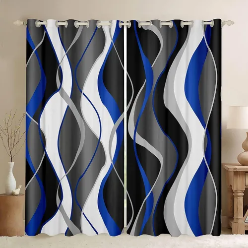 Vista 29 de Cortinas opacas negras de panal de abeja con luces de neón azul real, tratamientos de ventana con estampado geométrico hexagonal, decoración