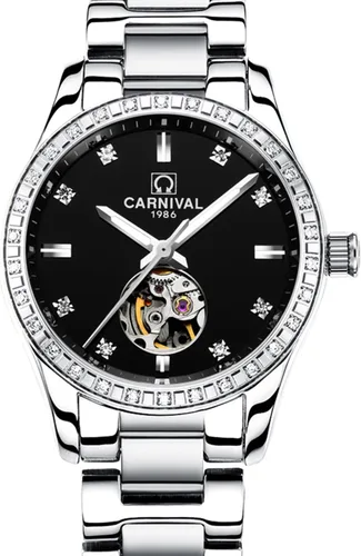 Vista 32 de Carnival Reloj de mujer con esqueleto mecánico automático, cristal de zafiro sintético, oro rosa, acero inoxidable, impermeable, color blanco