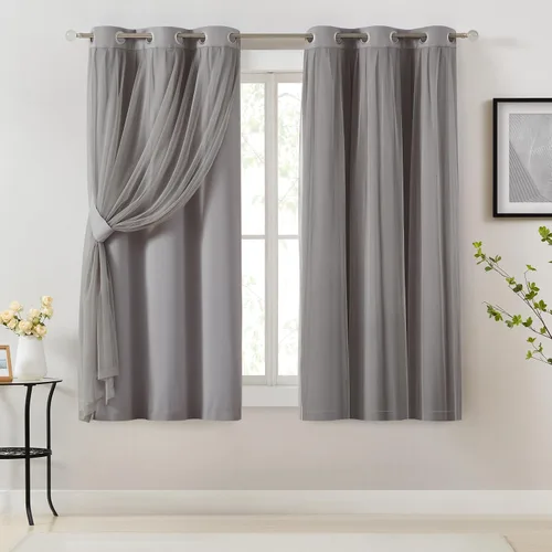 Vista 21 de Bujasso Cortinas 80% Opacas Beige con Superposición de Gasa Mezcla y Combinación Paneles de Ventana con Aislamiento Térmico de Doble Capa de 63