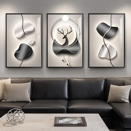Vista 18 de Juego de arte moderno enmarcado de 3 piezas, arte abstracto de líneas geométricas en blanco y negro, pinturas artísticas de lujo contemporáneas