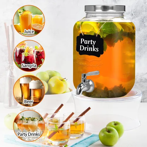 Vista 6 de Moretoes Dispensador de bebidas de vidrio de 1 galón para fiestas, dispensador de bebidas para jugo y té helado, tarro hermético de vidrio para té