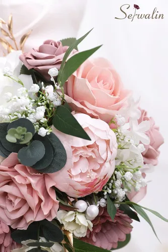 Vista 5 de Serwalin Ramos de boda de 9.8 pulgadas para novia y dama de honor, peonías rosa empolvado, ramos de flores de novia para boda, ramo de lanzamiento