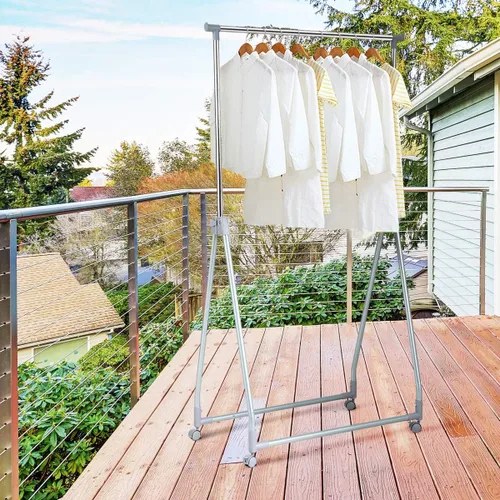 Vista 3 de Tangkula Perchero extensible para ropa, resistente y plegable con barra para colgar ajustable, colgador de ropa rodante para oficina en casa