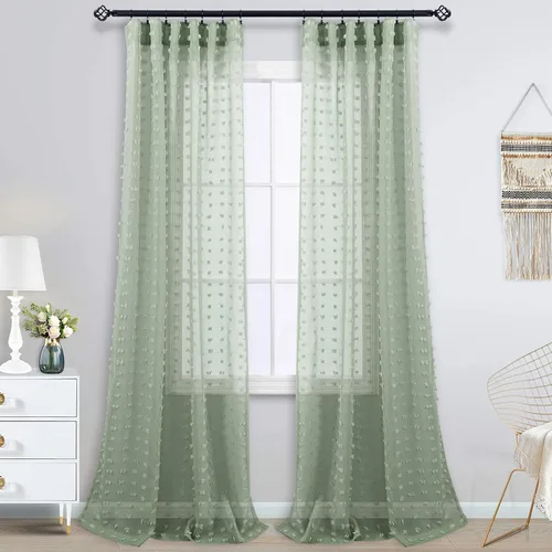 Vista 20 de Cortinas negras KOUFALL de 45 pulgadas de largo para ventana de cocina, cortinas transparentes con pompones y textura de encaje bohemio con bolsillo