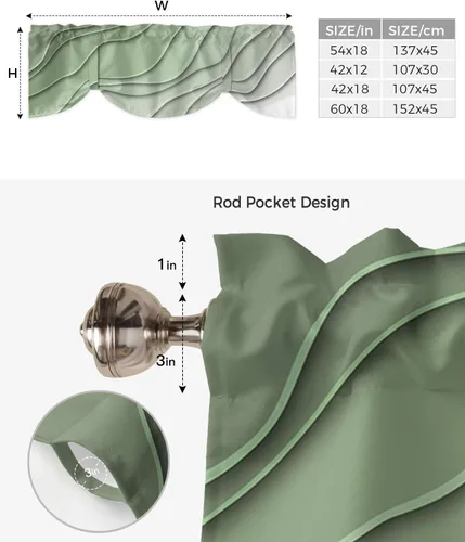 Vista 6 de Cenefa de amarre verde salvia, cenefa de ventana degradada verde y gris, diseño geométrico abstracto geométrico ajustable, cenefas con bolsillo