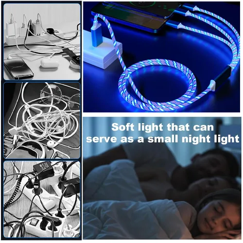 Vista 4 de Cable de carga 3 en 1, cable de carga LED múltiple, cable de carga iluminado, cable USB 3A, compatible con la mayoría de teléfonos inteligentes